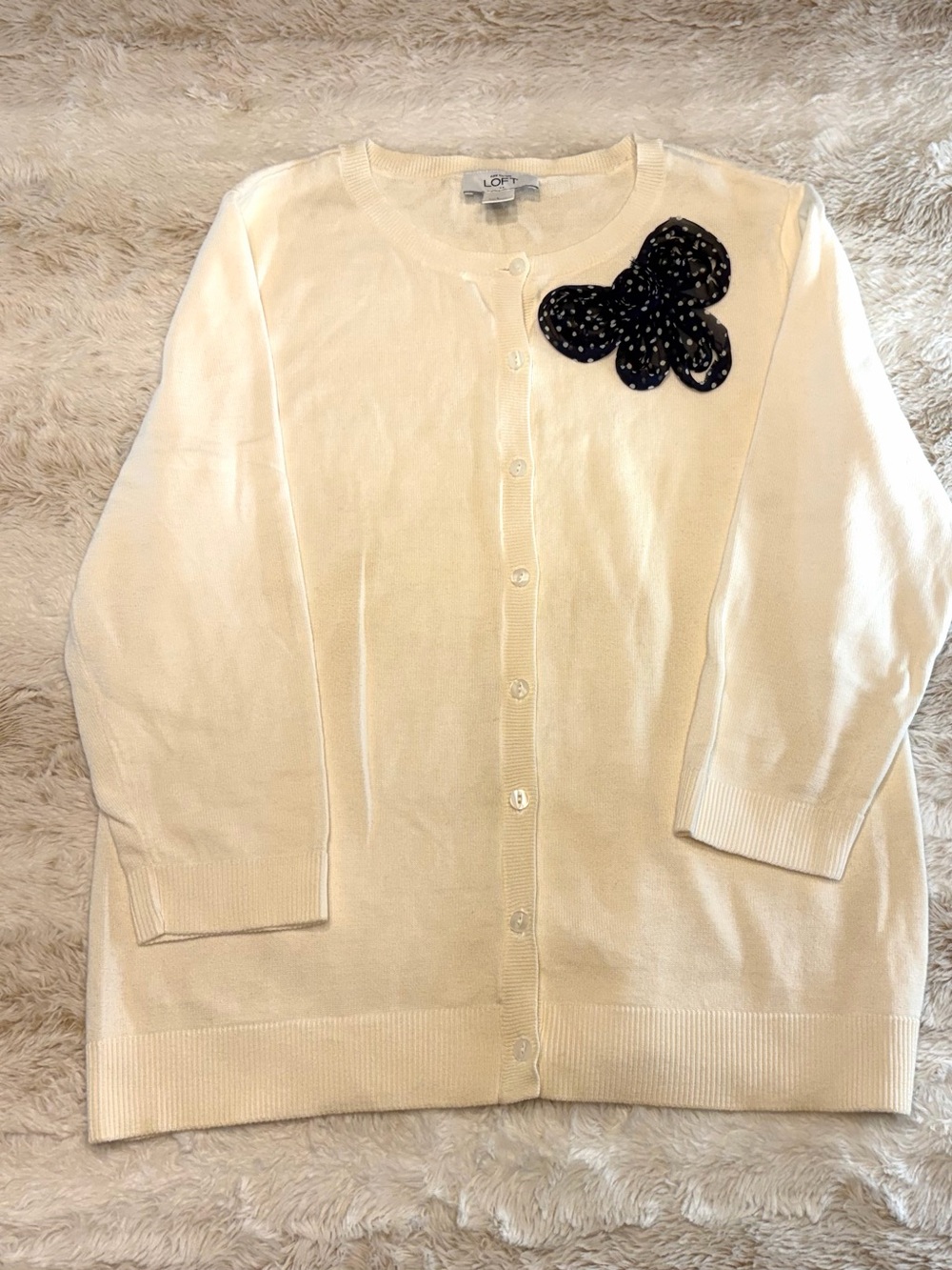 LOFT Cream Button-Up Cardigan with navy blue  Floral Appliqué large